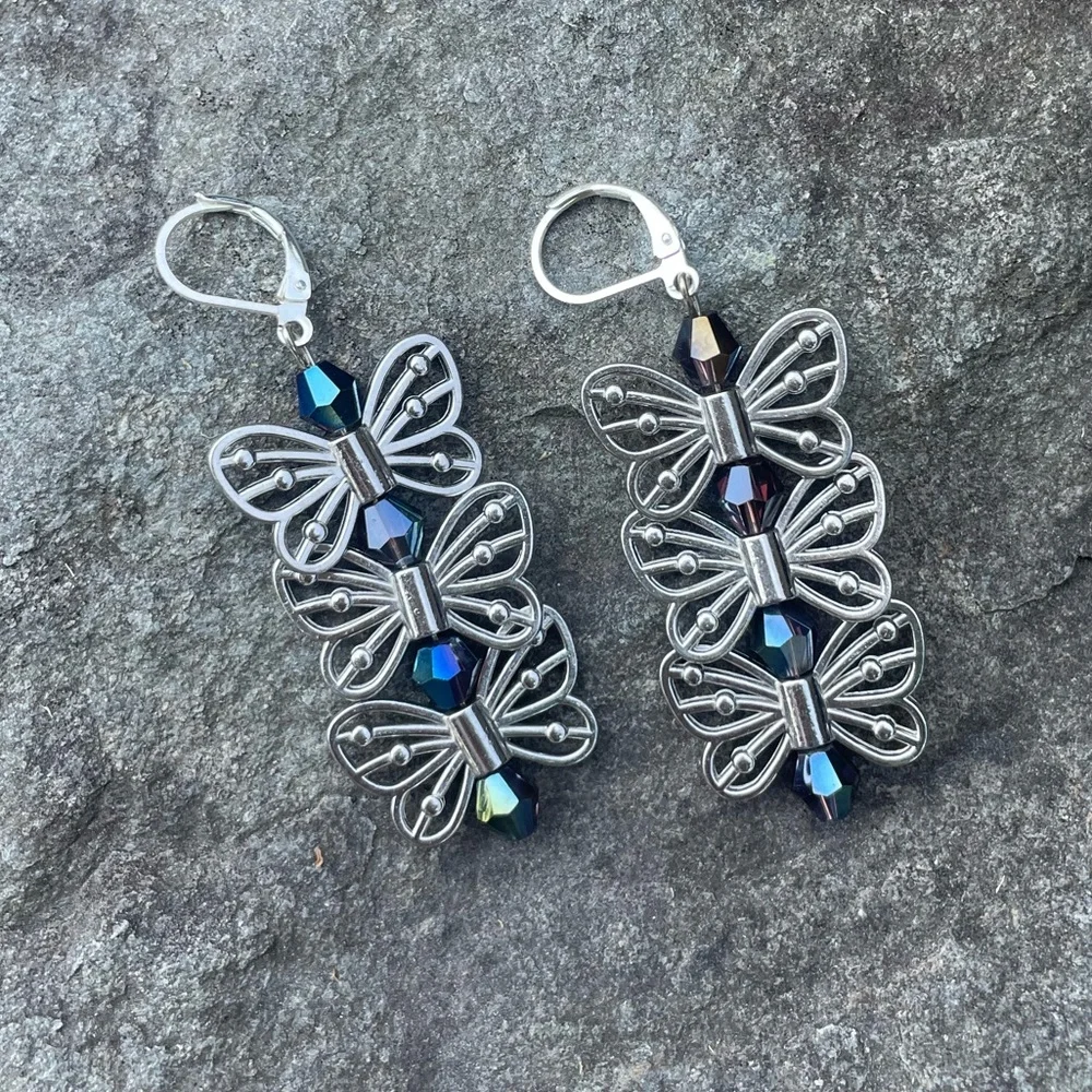 Silver Butterfly Dangly Crystal Drop Earrings